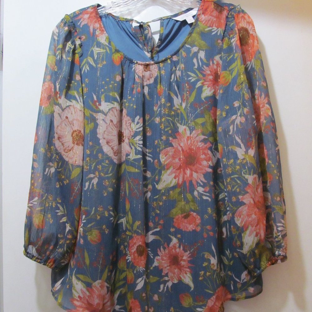 LC Lauren Conrad Blouse Top Lined ~ Blue w Coral Pink Floral
